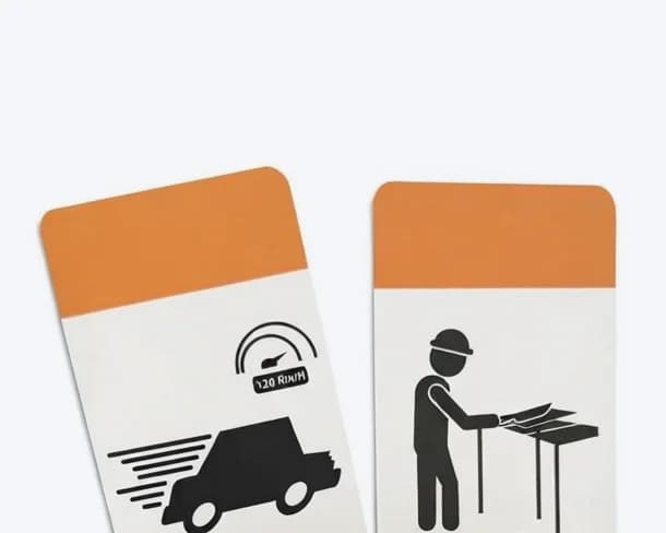 Cartas con pictogramas de un vehículo a alta velocidad y de un trabajador en una mesa de corte